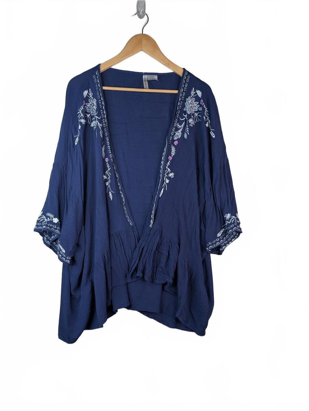 Forgotten Grace Navy Blue Embroidered Rayon Kimono Cardigan 3X